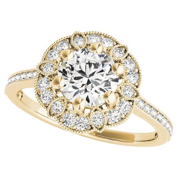 Bague en or jaune 18 carats certifiée GIA, 1,5 carat Round Halo Flower Bloom en vente