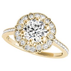 Bague en or jaune 18 carats certifiée GIA, 1,5 carat Round Halo Flower Bloom