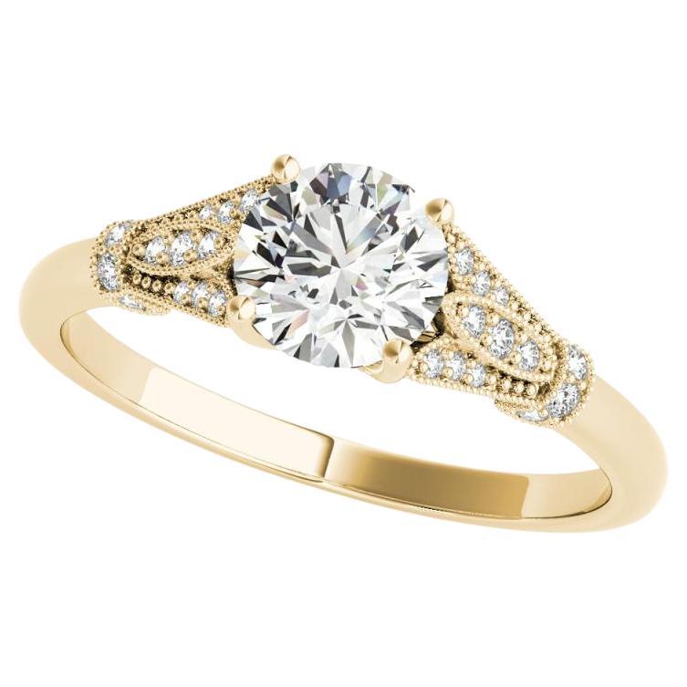 GIA 1.3 Carat Round Vintage Milgrain Pave Leaf 18K Yellow Gold Diamond Ring