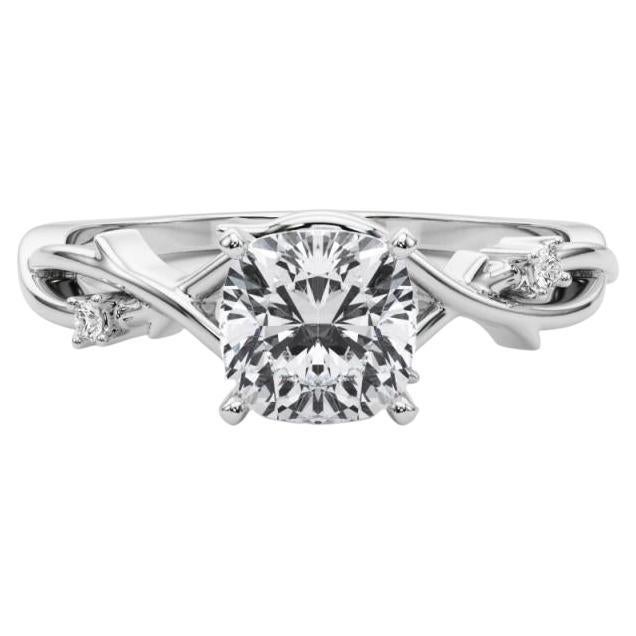 GIA 2 Carat Cushion Vine Band Nature Inspired 18K White Gold Diamond Ring