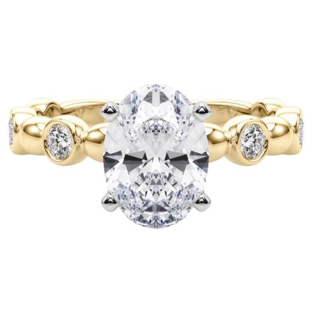 GIA 1ct Piedra lateral ovalada Anillo de diamantes de oro amarillo solitario con bisel