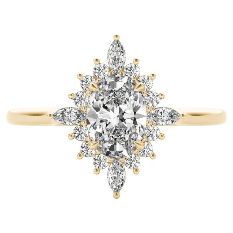 GIA Bague en or jaune 18K diamant 0.9ct ovale Marquise Flower Halo Cluster