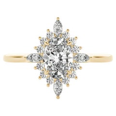 GIA 0.9ct Oval Marquise Flower Halo Cluster 18K Yellow Gold Diamond Ring