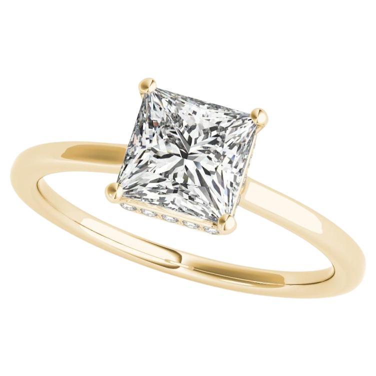 GIA 1.7ct Princess Square Hidden Halo Slim Band Bague diamant en or jaune 18K