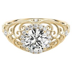 GIA Certified 1.2 Carat Round Halo Ribbon Filigree Dome Diamond Ring