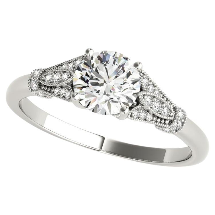 GIA 1,06 Karat Runder Vintage Milgrain Pave Leaf 18K Weißgold Diamantring