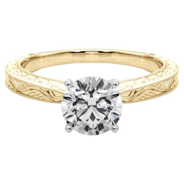 GIA 0,9ct Anello classico rotondo solitario antico inciso in oro giallo con diamanti