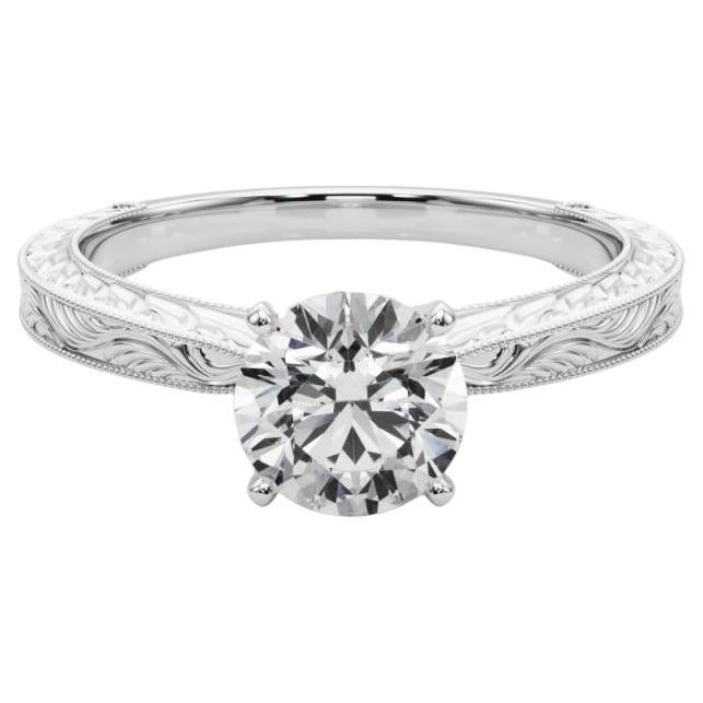 GIA 0.9ct Anillo de Diamantes Clásico Redondo Solitario Antiguo Grabado en Oro Blanco en venta