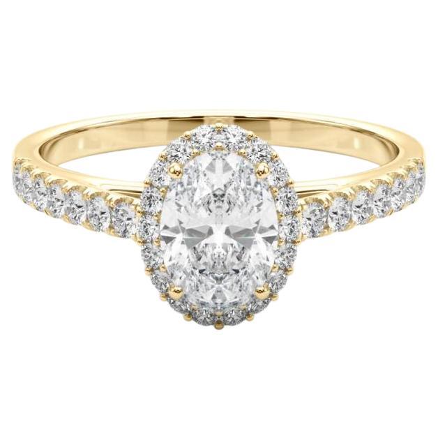 Bague en or jaune 18 carats certifiée GIA, diamant ovale Halo Pave de 1,3 carat