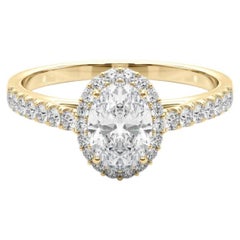 Bague en or jaune 18 carats certifiée GIA, diamant ovale Halo Pave de 1,3 carat
