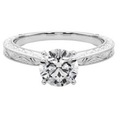 GIA 0.97ct Anillo de Diamantes Clásico Redondo Solitario Antiguo Grabado