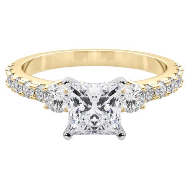 GIA 1,5ct Princesse à trois pierres avec tige en diamant Bague en or jaune 18K pour diamants