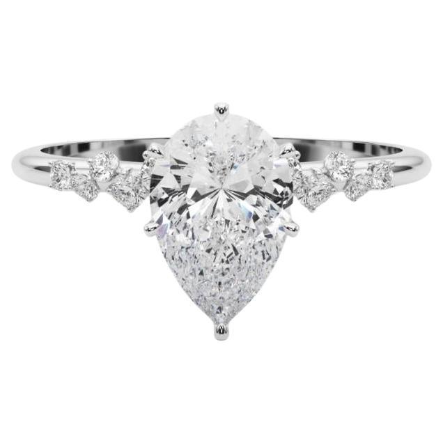 GIA 1.7 Carat Pear Cluster Trellis Solitaire 18K White Gold Diamond Ring