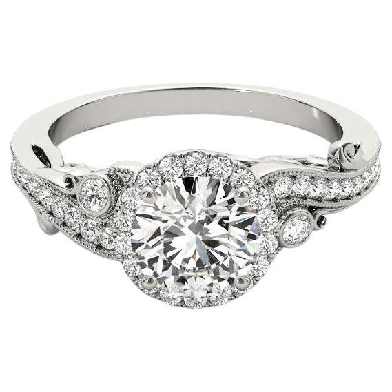 Bague à diamant en platine certifiée GIA de 1.2 carat à halo rond et à pierres multiples incurvées