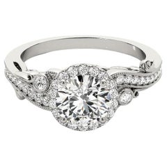 Bague à diamant en platine certifiée GIA de 1.2 carat à halo rond et à pierres multiples incurvées