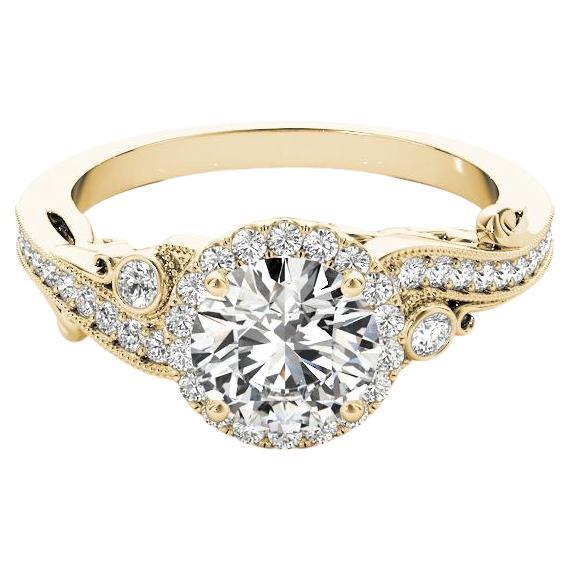 Bague en diamant certifié GIA de 0.93 carats à halo rond et à pierres multiples incurvées