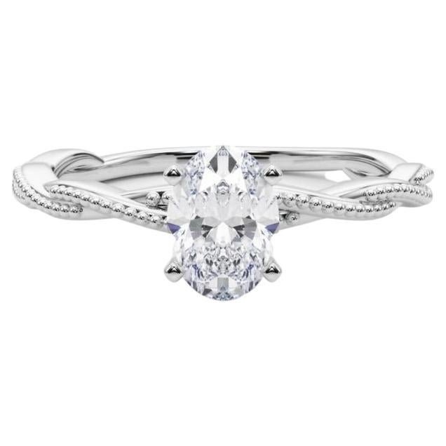 Bague de diamant en platine certifiée GIA 1.5 carat ovale à anneau tressé et torsadé