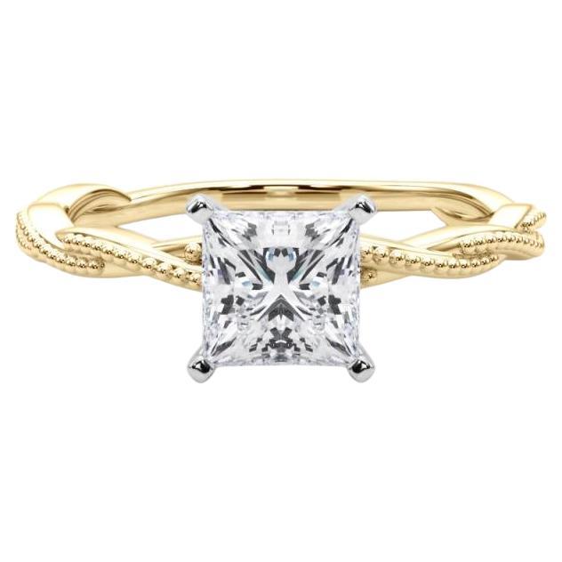 Bague à diamants certifiée GIA de 1,2 carat Princesse à anneau tressé torsadé