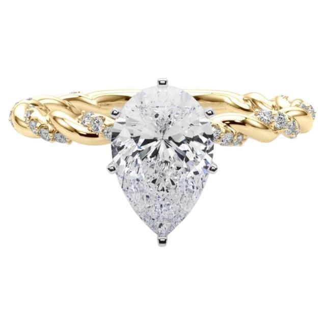 GIA 2ct Pear Micro Pave Twisted Braid Band 18K Yellow Gold Diamond Ring