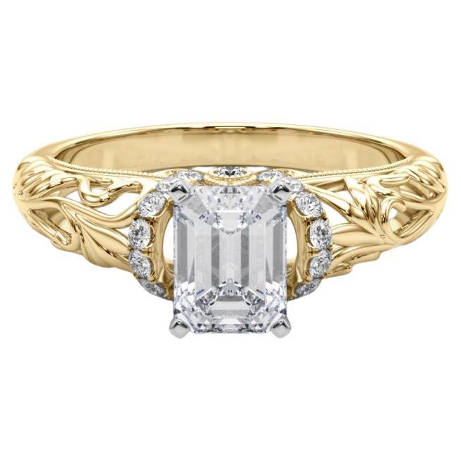 GIA 0,9ct Smeraldo Chevron aureola floreale in filigrana in oro giallo 18 carati