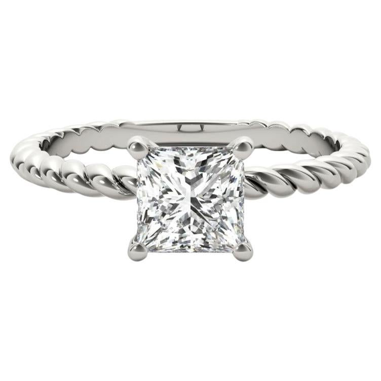 Anillo de diamantes en platino con banda trenzada, solitario princesa, certificado GIA de 1,2 quilates