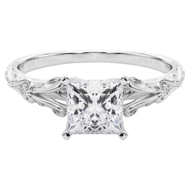 GIA 0.7ct Princess Vintage 3-Stone Heart 
Vine 18K White Gold Diamond Ring