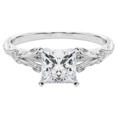 GIA 0.7ct Princess Vintage 3-Stone Heart 
Vine 18K White Gold Diamond Ring