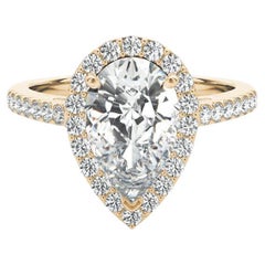 GIA Certified 1.7 Carat Pear Halo Cathedral 18K Yellow Gold Diamond Ring