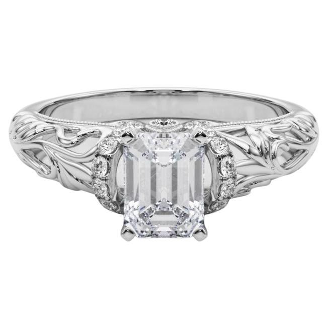 GIA 0.9ct Emerald Chevron Halo Floral Filigree  Diamond Ring