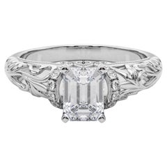 GIA 2.2ct Emerald Chevron Halo Floral Filigree 18K White Gold Diamond Ring