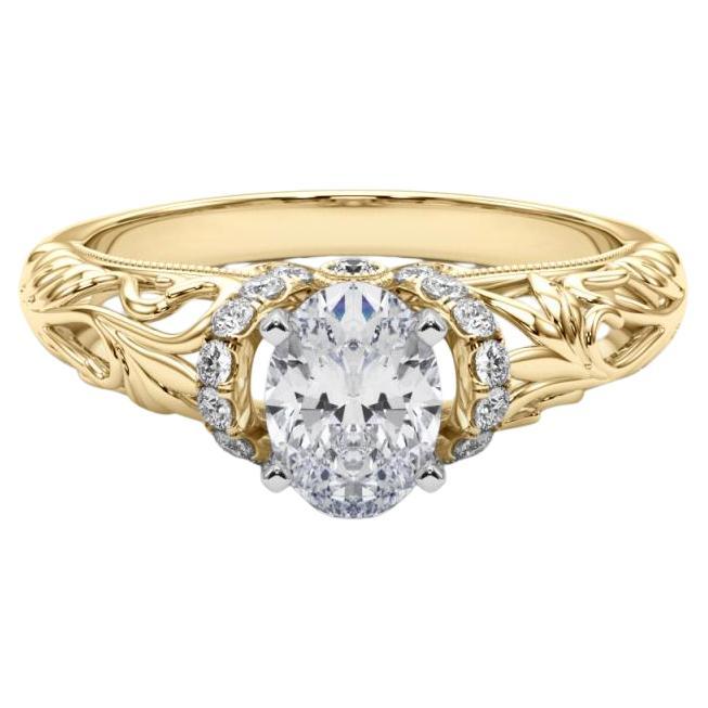 GIA 1,7 ct Anillo de diamantes oval Chevron Halo Floral Filigrana de oro amarillo de 18 quilates