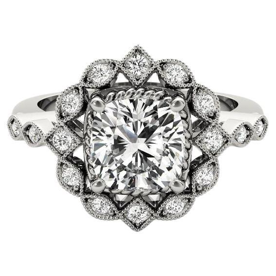 GIA 1.53ct Cushion Milgrain Twisted Rope Flower Halo White Gold Diamond Ring For Sale