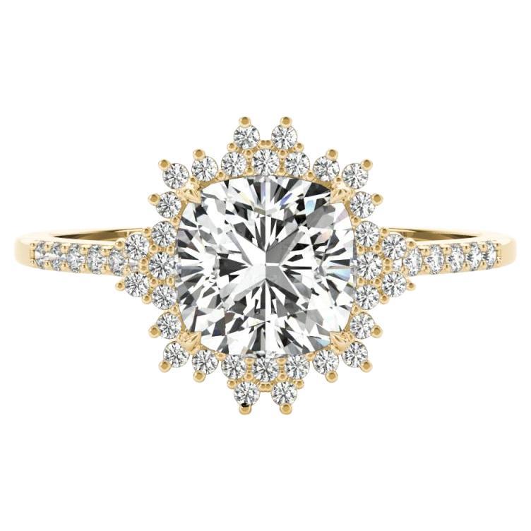 Bague en or jaune 18K avec diamant certifié GIA de 1 carat en forme de fleur coussin en vente