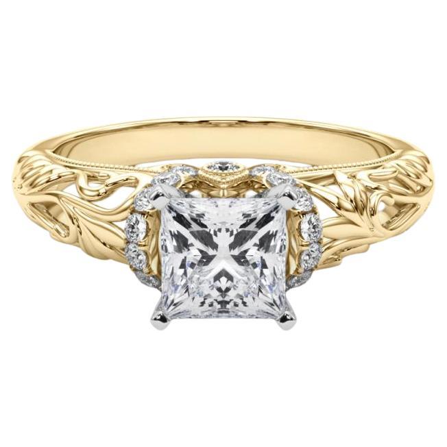 GIA 0.9ct Princess Chevron Halo Floral Filigree 18K Yellow Gold Diamond Ring