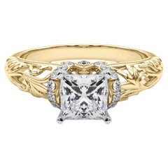 GIA 0.9ct Princess Chevron Halo Floral Filigree 18K Yellow Gold Diamond Ring