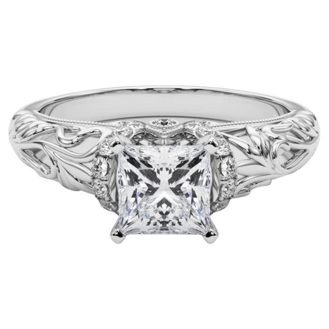 GIA 0.91ct Princesa Chevron Halo Filigrana Floral Anillo de Diamantes de Oro Blanco de 18K