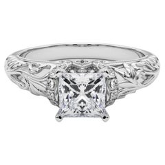 GIA 0.91ct Princesa Chevron Halo Filigrana Floral Anillo de Diamantes de Oro Blanco de 18K