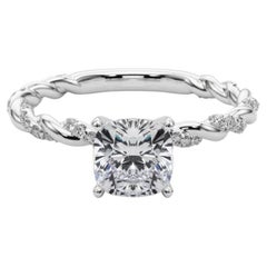 GIA 0.9ct Cushion Micro Pave Twisted Braid Band 18K White Gold Diamond Ring