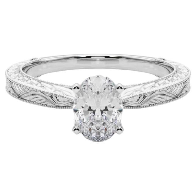GIA 1.2ct Anillo de Diamantes Clásico Ovalado Solitario Grabado Antiguo de Oro Blanco