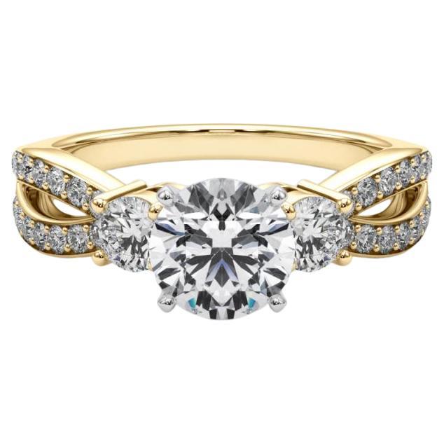 GIA 1.5ct Round Three-Stone Split Shank Pave 18K Yellow Gold Diamond Ring (bague en or jaune avec diamants)