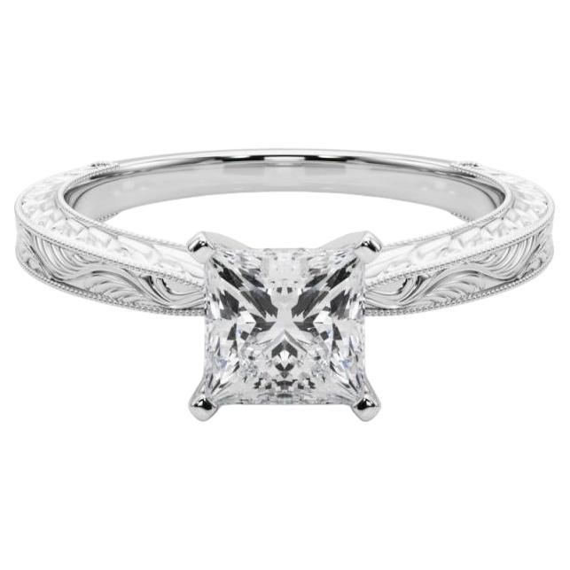 GIA 1.73ct Princess Classic Solitaire Antique Engraved White Gold Diamond Ring