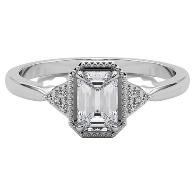 GIA 1,3 quilates Esmeralda Milgrain Bisel geométrico Anillo de diamantes de oro blanco de 18 quilates