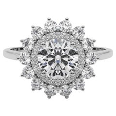 GIA Certified 0.9 Carat Round Halo Sunflower Cluster Diamond Ring
