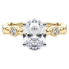 GIA 1ct Oval Side Stone Bezel Band Solitaire Yellow Gold Diamond Ring