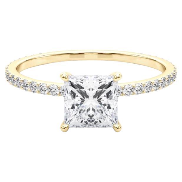 GIA 1.21ct Princess Square Hidden Halo Pave Band Bague diamant en or jaune 18K