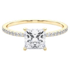 GIA 1.21ct Princess Square Hidden Halo Pave Band Bague diamant en or jaune 18K