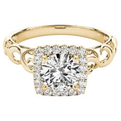 GIA 1.63ct Round Square Halo Open Ribbon Cathedral Yellow Gold Diamond Ring