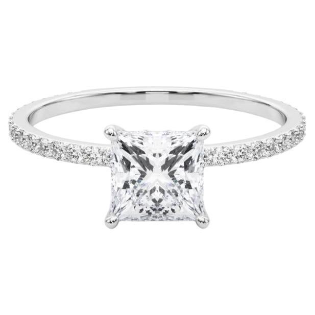 GIA 1.2ct Princess Square Hidden Halo Pave Band 18K White Gold Diamond Ring