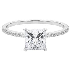 GIA 1.2ct Princess Square Hidden Halo Pave Band 18K White Gold Diamond Ring