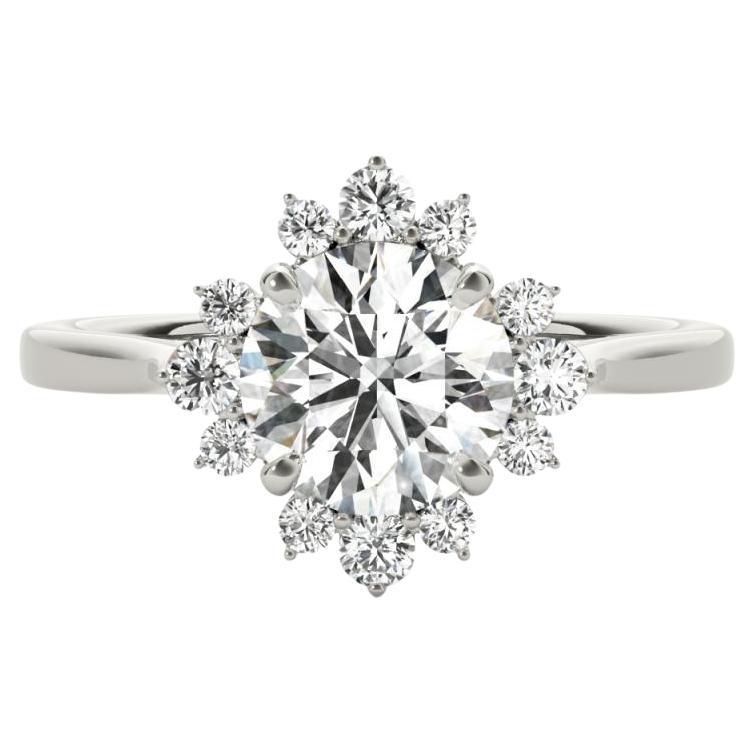 GIA Certified 1.51 Carat Round Halo Flower Cluster 18K White Gold Diamond Ring